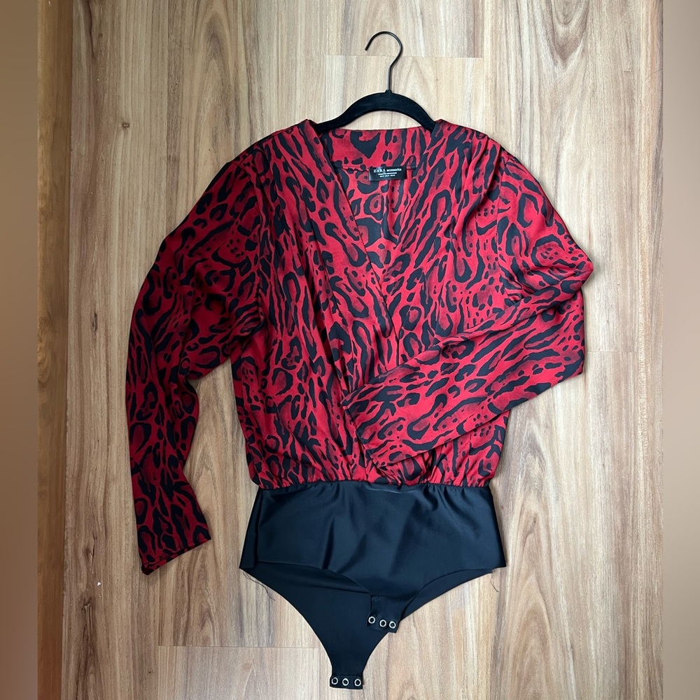 Zara Red and Black Leopard Print Blouse Bodysuit. Size Medium.